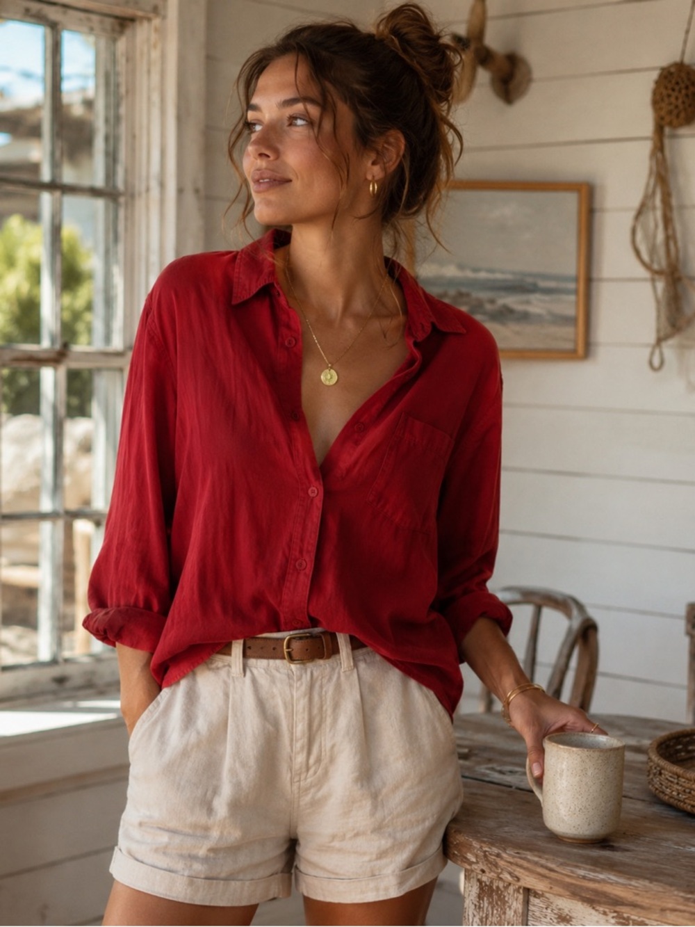 White Stag Red Collared Button-Down Blouse